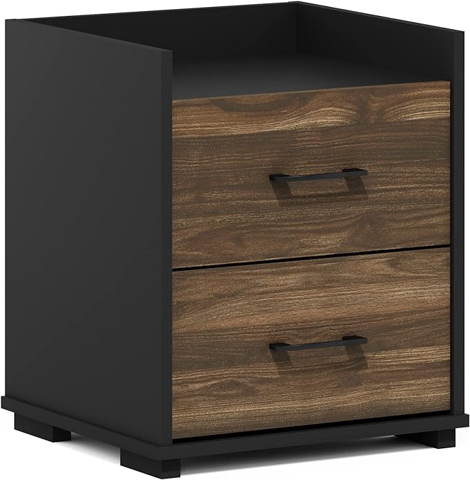 Furinno End Side Night Stand Modern Bedroom Bedside Tables Handle 2 Chest Nightstand, 1-Pack Drawer, Columbia Walnut/Black