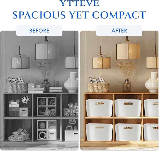 6 Pcs White Plastic Storage Bins for Shelves, Closet Kitchen Storage Containers for Pantry Bathroom Office Organization Baskets, Cabinet Organizing Containers, (Classic White storage bins, 2 L + 4 M)