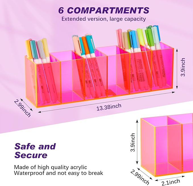 Jetec Acrylic Pen Holder 6 Compartments Makeup Brush Stationery Organizer Pencil Holder for Desk Accessories, Cosmetic Brushes, Dorm, Home, Bathroom, Kitchen, Office Supplies(Neon Pink)-NeatNest