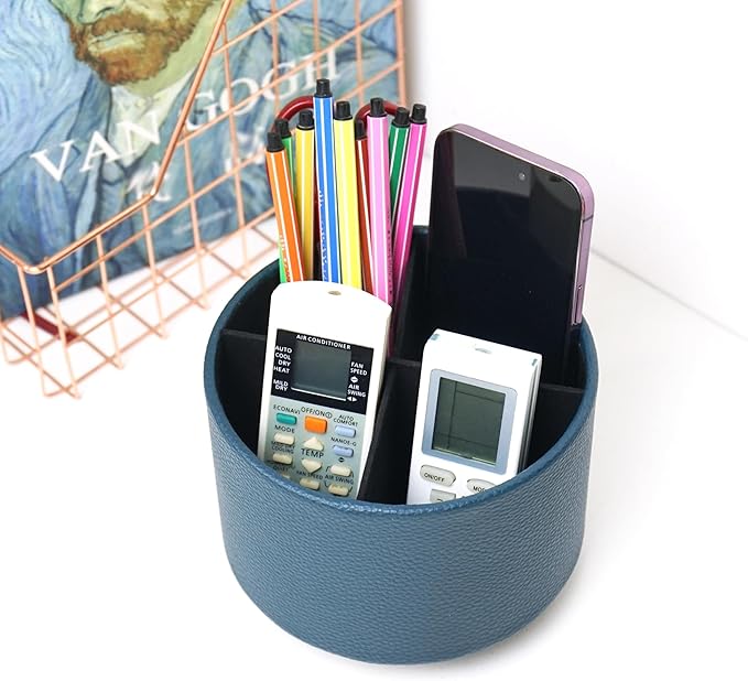 Hennaja Round Leather Art Supply Organizer,Remote Control Holder,360 Degree Spinning,Multi-Functional Pencil Holder,4 Compartments Desktop Stationary Organizer(1-Lichee Green)-NeatNest