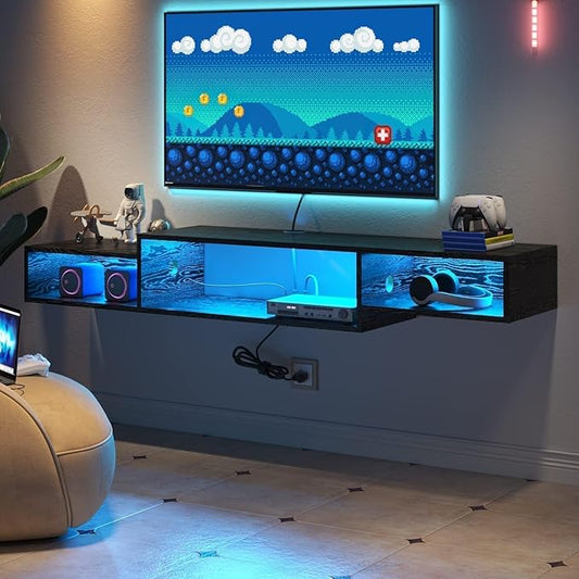 4 EVER WINNER Floating TV Stand, with LED Lights, 59” Floating Entertainment Center with Power Outlet and Storage, Floating TV Shelf Media Console Cabinet for Gaming Box Audio Video, Black-NeatNest
