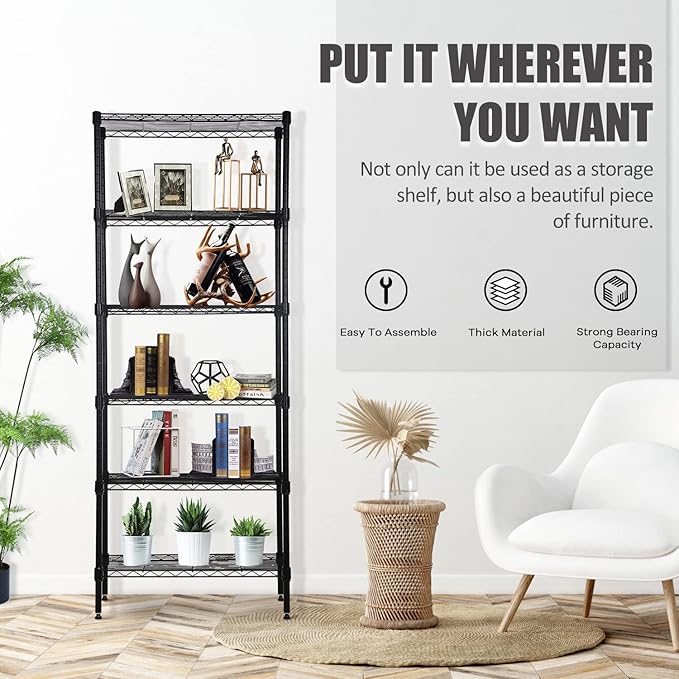 6-Tier Wire Shelving Unit Storage Shelves Metal Shelves 60"x23"x13" Heavy Duty Metal Storage Rack Wire Rack NSF Height Adjustable for Home Kitchen Bathroom Garage Shelving(Black)