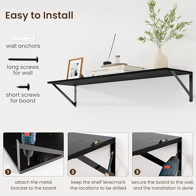Fun Memories Deep Floating Shelves for Wall, 36W x 8D Wall Mounted Shelves Set of 2, Wide Display Ledge Shelf with Sturdy Metal Brackets for Living Room, Bathroom, Bedroom and Kitchen, Black-NeatNest