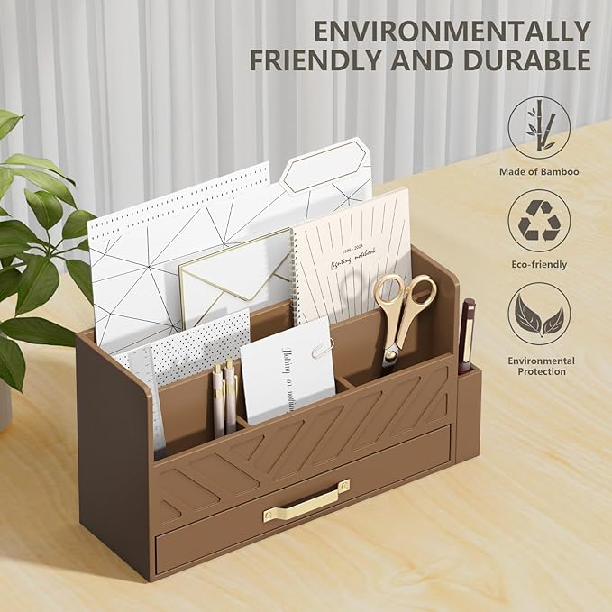 Bamboo Desk Organizer Mail Holder Countertop Wood Desk Drawer Tabletop Storage Box Pen Holder Letter Sorter Makeup Organizer for School Home Office Supplies with Pen Holder Brown-NeatNest