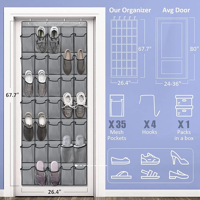 Over the Door Shoe Organizers 35 Mesh Pockets Hanging Shoe Organizer Shoe Rack for Closet Entryway Bedroom Bathroom Pantry Shoe Holder for Men Sneakers, Women High Heeled Shoes, flip flops Gray-NeatNest