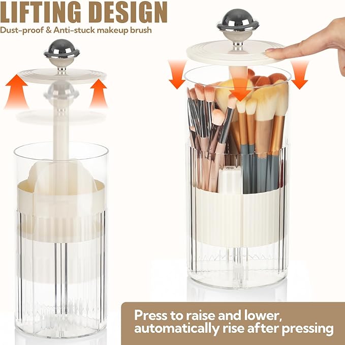 2 Pack Makeup Brush Holder with Lid Automatic Lifting Makeup Brush Organizer with Lid Dustproof & Waterproof 4-Compartment Clear Makeup Organizer for Vanity,Office,School,Dorm Room,Silver+Silver-NeatNest