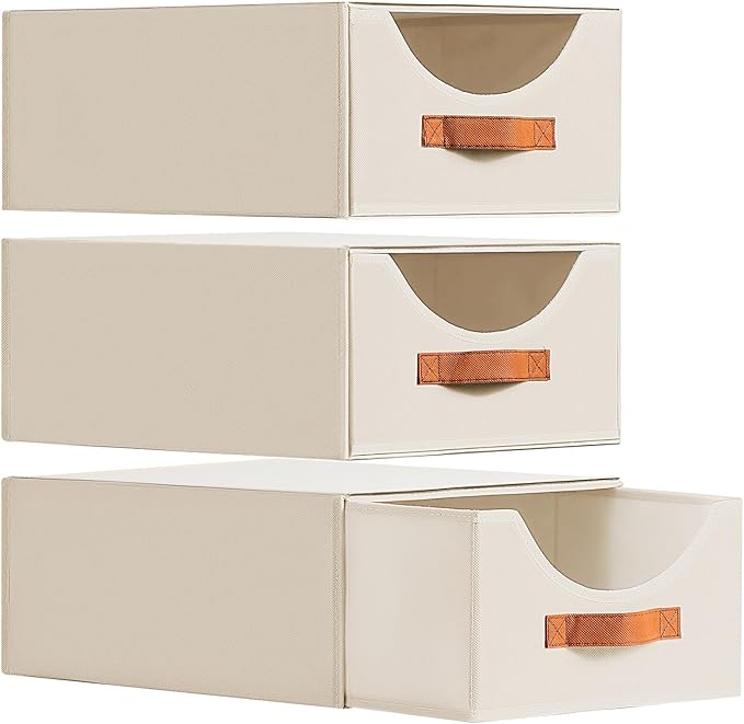 Large Stackable Storage Bins - Fabric Pull-out Closet Shelf Organizer, Linen Closet Organizers and Storage, Decorative Storage Boxes for Bedroom, Office, Dorm, 3 Pack, Beige-NeatNest
