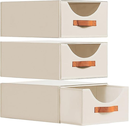 Large Stackable Storage Bins - Fabric Pull-out Closet Shelf Organizer, Linen Closet Organizers and Storage, Decorative Storage Boxes for Bedroom, Office, Dorm, 3 Pack, Beige-NeatNest