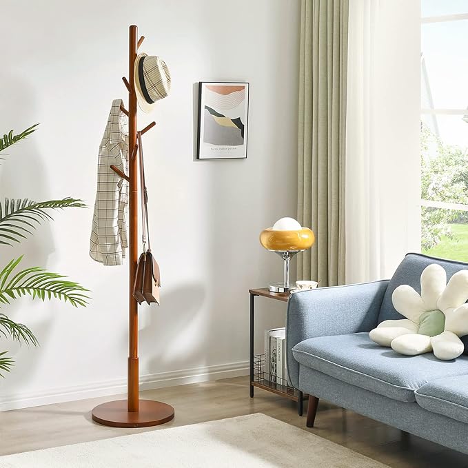IBUYKE Coat Rack Stand, Freestanding Coat Tree with Solid Round Base and 8 Hooks, Easy Assembly Wooden Coat Hanger, Clothes Rack for Hallway Entryway, Living Room, Bedroom, Office, Brown WD-113-NeatNest