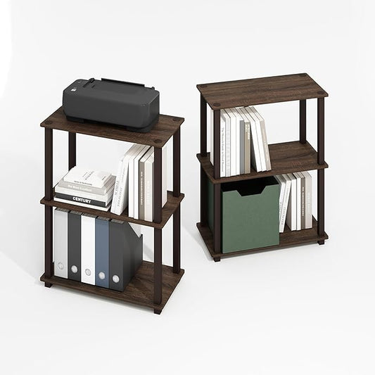 Furinno Turn-S-Tube 3-Tier Compact Multipurpose Shelf Display Rack with Square Tube, Black Walnut/Brown, Set of 2-NeatNest
