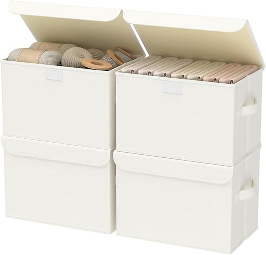 Foldable Storage Bin, Cube Organizer Basket with Flip-Top Lid and 2 Handles, Decorative Boxes for Shelves with Cover for Clothes, Towels, Blanket, 4 Pack, Beige, 13 x 9 x 7.9 In, XSNY12BEM-4-NeatNest