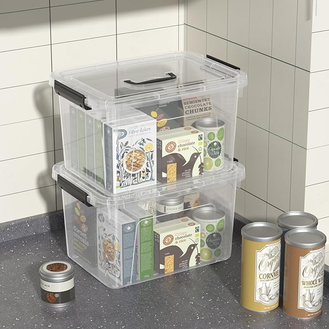 4 Pack 10.5 Quart Plactic Storage Latch Bin, Lidded Box with Black Handle, Clear