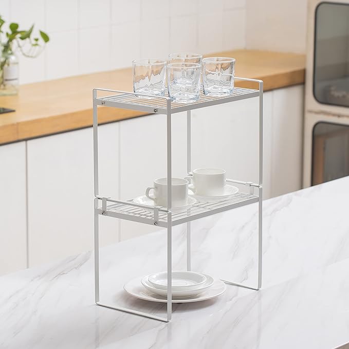 2Pack Kitchen Cabinet Shelf Counter Organizer Rack Pantry Storage Bathroom Bedroom Office Table Desk Space Saving Stackable Rust Resistant Non Slip White Tall Wide L13.1in W10.6in H9.5in-NeatNest