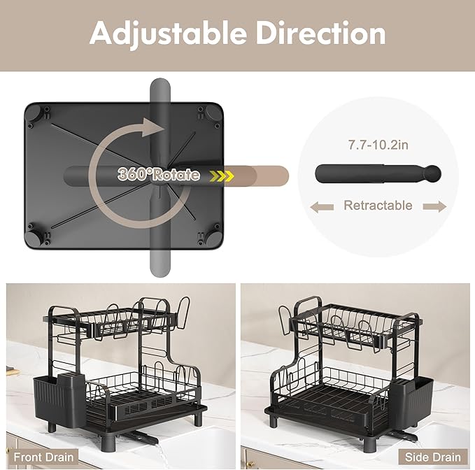 BOOSINY Dish Drying Rack, 2 Tier Large Stainless Steel Black Dish Rack for Kitchen Counter, Drying Rack with Cups Holder, Utensil Holder and Drainboard Set, Dish Strainer Shelf for Kitchen-NeatNest