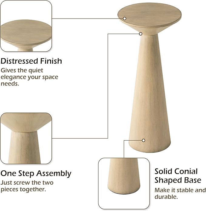 Farmhouse Tall Pedestal End Table Small Solid Wood Martini Table Plant Stand Modern Round Drink Table for Small Space Living Room, Distressed Wood Grey
