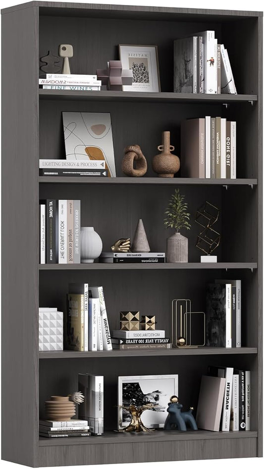 Farini 60 Inch Tall 5-Shelf Bookcase, Wood Bookshelf Storage Organizer Adjustable Shelf for Home Office, Study Room, Easy Assembly,Grey