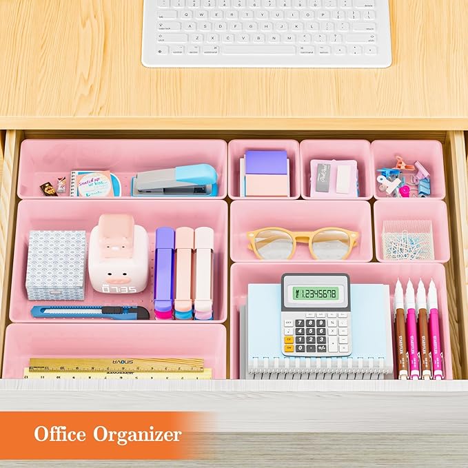 25 PCS Plastic Drawer Organizer Set, 4-Size Versatile Organizer Trays & storage Bins for Makeup, Jewelry, and Gadgets in Bathroom, Bedroom and Office, Pink-NeatNest
