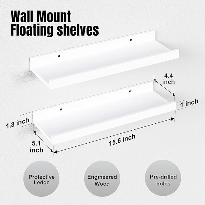 Floating Shelves Wall Mounted Set of 2, Modern White Shelves for Bedroom, Nursery Shelves with Lip, Display Picture Ledge Shelf for Wall Decor Living Room Bathroom Kitchen - White-NeatNest