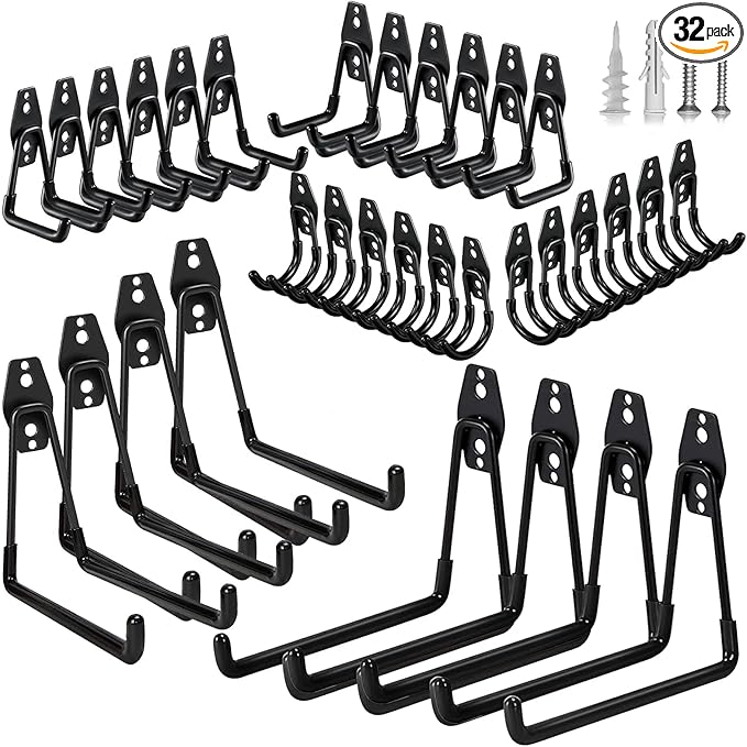 32 Pack Garage Hooks Heavy Duty,Utility Steel Wall Mount with Anti-Slip Coating Hanger & Organizer for Bulk Items,Bikes,Ladders,Power Tools,Ropes,and More Equipment