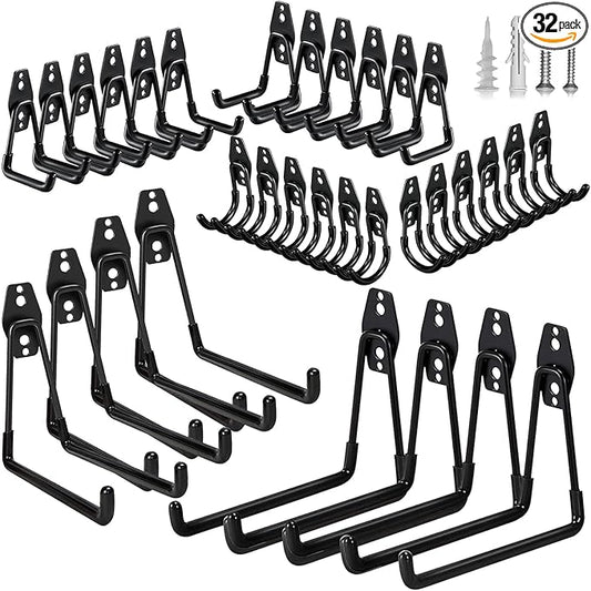 32 Pack Garage Hooks Heavy Duty,Utility Steel Wall Mount with Anti-Slip Coating Hanger & Organizer for Bulk Items,Bikes,Ladders,Power Tools,Ropes,and More Equipment