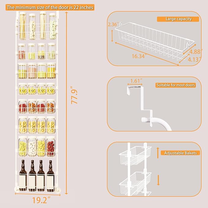 Over The Door Pantry Organizers, Pantry Door Organizer and Storage with Adjustable Baskets,Heavy-Duty Metal Spice Rack,Over The Door Organizers for Kitchen,Bathroom (White, 8tier)