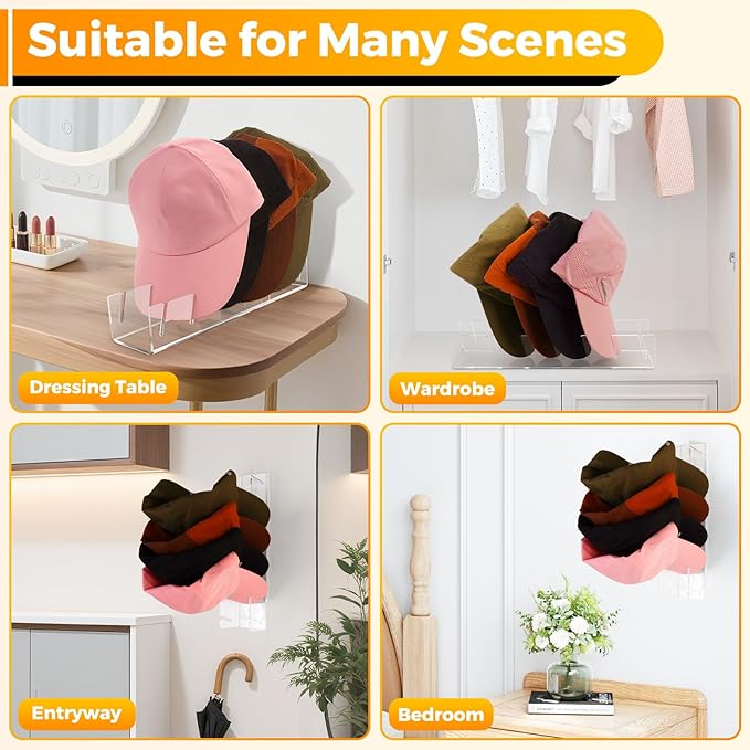 Clear Acrylic Hat Stand for Baseball Caps – 28-Cap Easy Setup Organizer for Bedroom, Closet, Dresser, Countertop, Display and Storage for Baseball Caps, Sports Hats, and Collectibles (4-Pack)-NeatNest