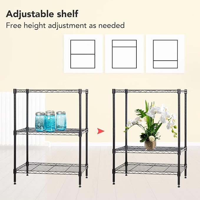 BestOffice 3-Shelf Adjustable Metal Storage Shelves Wire Shelving Unit Organizer Wire Rack 450Lbs Capacity for Small Places Kitchen Garage 23Lx13.2Wx30.2H,Black-NeatNest