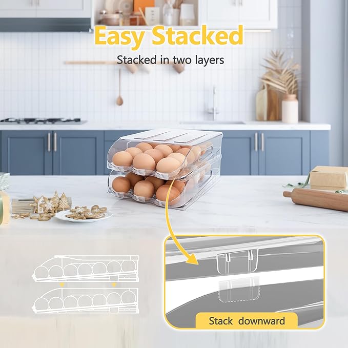 Egg Holder for Fridge, Automatic Steady Rolling Egg Container with Soft Bumpers & Handle for Refrigerator, Stackable Fridge Organizers and Storage with Lid