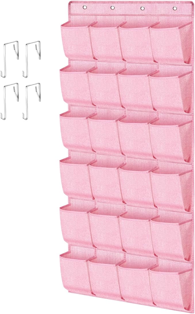 Pink Shoe Organizer Over the Door for Girls Women Kids Room,Hanging Shoe Rack Organizer for Closet Door,Zapateras Storage Holder with 24 Large Pockets & 4 Sturdy Hooks for Shoes,Slippers-NeatNest