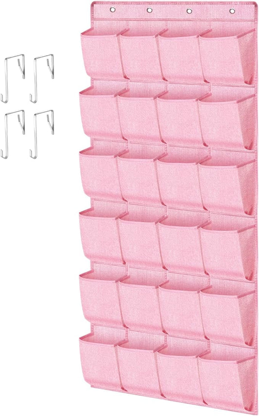 Pink Shoe Organizer Over the Door for Girls Women Kids Room,Hanging Shoe Rack Organizer for Closet Door,Zapateras Storage Holder with 24 Large Pockets & 4 Sturdy Hooks for Shoes,Slippers-NeatNest