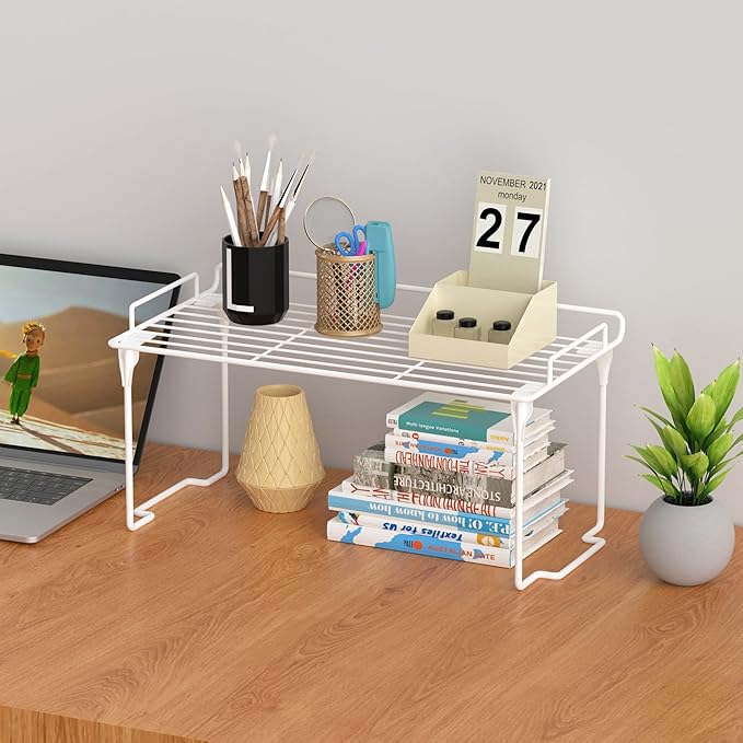 iPEGTOP Stackable Cabinet Shelf Organizers, Set of 2 Kitchen Countertop Cupboard Storage Rack, Pantry Stand Shelves Space Saving for Kitchen, Bedroom, Bathroom, White-NeatNest