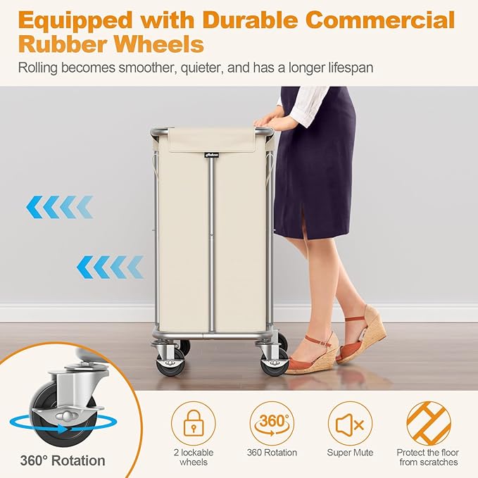 Laundry Basket with Wheels, 115L Rolling Laundry Hamper Large Dirty Clothes Hamper Cart with Steel Frame and Removable Bag, Bedroom Bathroom Dorm Room Laundry Room Organization Hampers, Beige