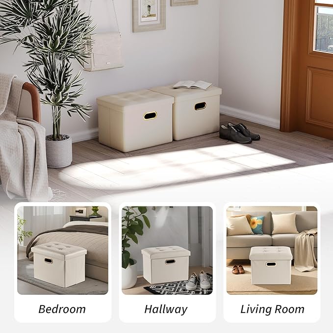 2 Pack Folding Storage Ottoman, 16 inch PU Leather Small Ottoman with Storage Foldable, Set of 2 Faux Leather Foot Stool Support 260lbs for Living Room, Bedroom, Hallway, Cream