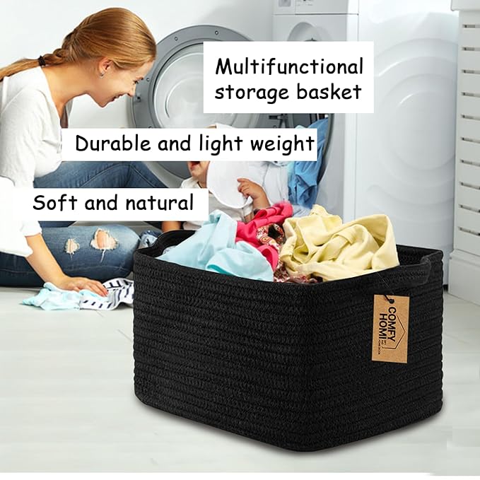 COMFY-HOMI Storage Basket for Shelves, Woven Baskets for Storage, Cotton Rope Basket,Toy Storage Organizer, Storage Cube Bin, Organization and Storage, Towel Baskets for Gift Empty, All Black-NeatNest