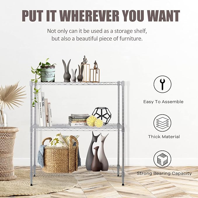 3-Tier Wire Shelving Unit Storage Shelves Shelf Organizer 30"x23"x12" Heavy Duty Metal Storage Rack Wire Rack NSF Height Adjustable for Laundry Bathroom Kitchen Garage Shelving(Chrome)