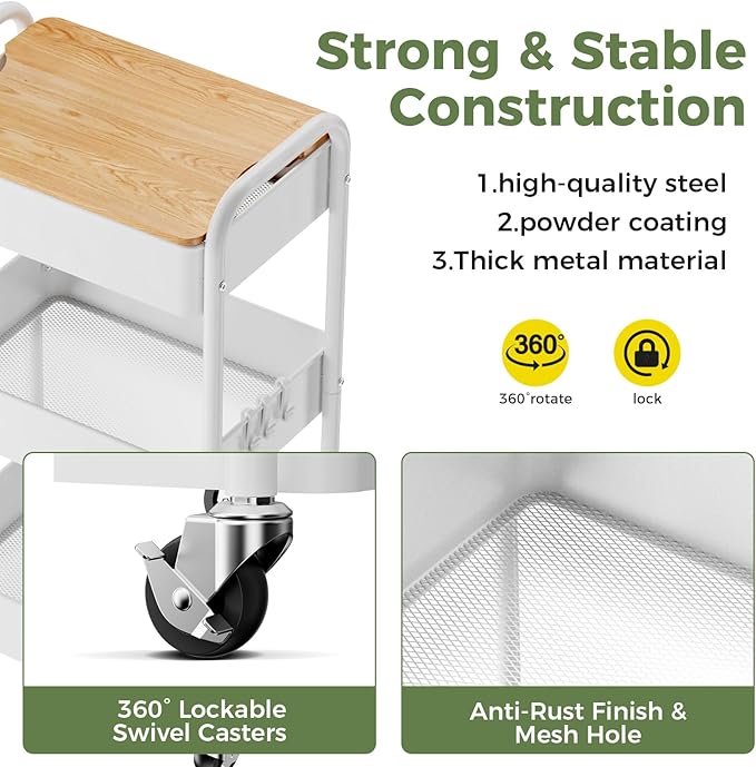 3 Tier Rolling Cart with Table top, Metal Rolling Utility Cart on Wheels, Sturdy Storage Organizer Cart with Hooks for Office, Classroom, Kitchen and Bathroom (White)-NeatNest