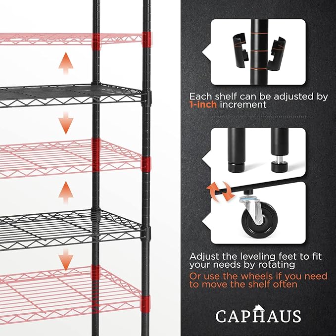 CAPHAUS 4-Tier Heavy Duty Adjustable Height Wire Shelving Unit w/Wheels & Leveling Feet, Metal Steel Shelf, Garage Shelving, Utility Rack Storage, 48" W-NeatNest
