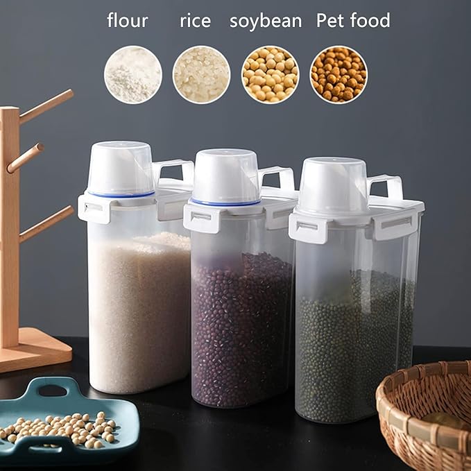 4 sets 3-5 LB Rice Storage Bin Flour Cereal Containers Dispenser with BPA Free + Measuring Cup + Pour Spout - Perfect for Rice Flour Baking Supplies Pet Dog Food Storage