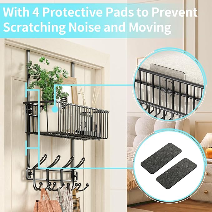 Over The Door Hooks Organizer,Door Hanger Door Storage with Basket,Over The Door Towel Rack Coat Hooks with 12 Hooks,for Bathroom,Bedroom,Kitchen,Office,Apartment(Black)