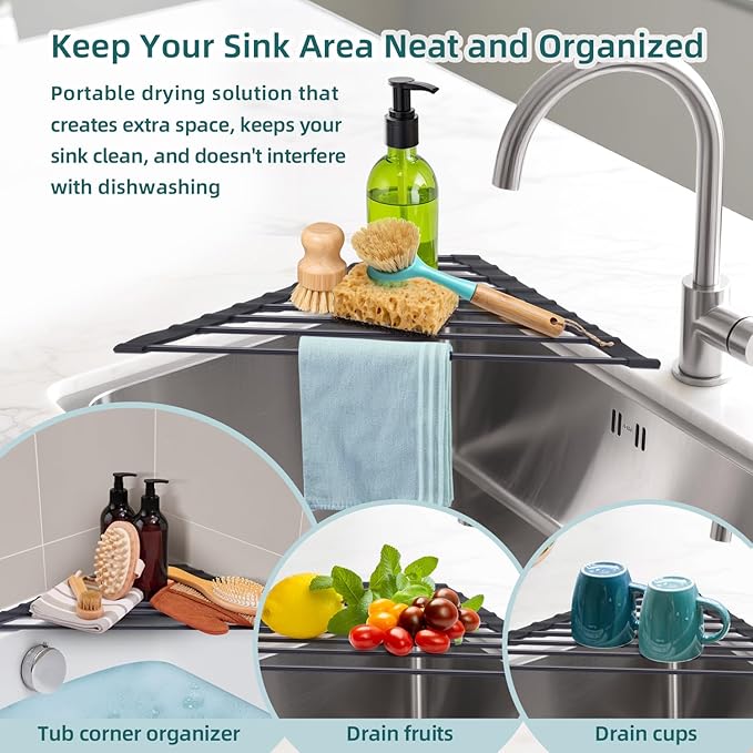 Corner Sink Caddy, Ohuhu Sponge Holder for Kitchen Sink Organizer Silicone Wrapped Steel Anti Slip Rust Triangle Over the Sink Dish Drying Rack for Sink Corner Multipurpose Drainer Trivet Space-Saving-NeatNest