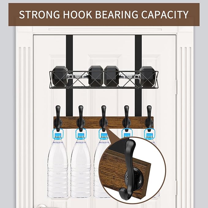 YINMIT Over The Door Hooks Organizer, Over The Door Hanger with Basket, Over The Door Towel Rack with 5 Metal Hooks, Over Door Hanger for Bathroom, Bedroom, Kitchen