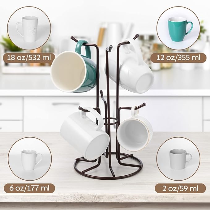 HULISEN Mug Holder for Large Cups, Mug Tree for Counter with 6 Hooks, Metal Coffee Mug Stand for Easy Pick, Place and Display, Coffee Bar Accessories and Decor, Free Standing Mug Rack, Brown-NeatNest