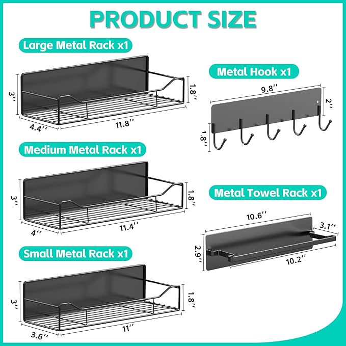 5 Pack Magnetic Shelves for Refrigerator, Magnetic Spice Rack with Tool Hooks, Versatile Metal Storage Baskets for Kitchen, Oven, Washing Machine(Black)