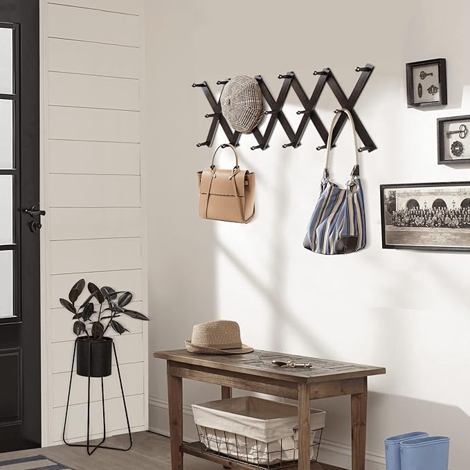 Homode Accordion Wall Hanger, Hat Hangers Wall Mounted, Wood Accordian Coat Rack with 17 Hooks, Expandable Peg Rack Wall Organizer for Hanging Baseball Caps, Hats, Purse, Coffee Cup, Bag, Walnut-NeatNest