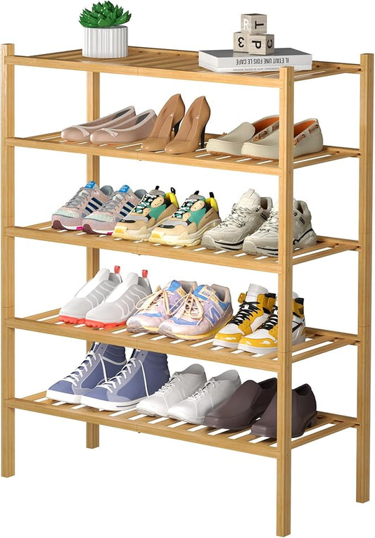 5 Tier Bamboo Shoe Rack for Closet Free Standing Wood Shoe Shelf for Entryway Small Space Stackable 27"x11"x33" (Natural)-NeatNest