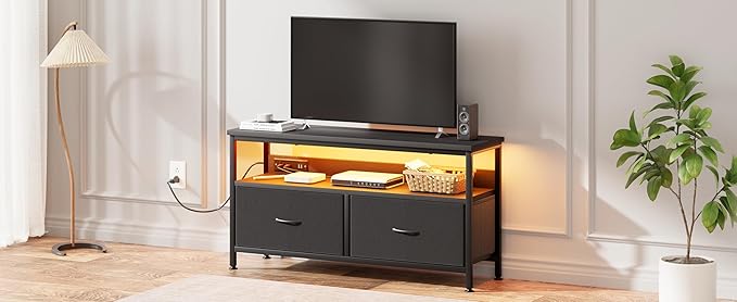 39" Dresser TV Stand for TVs up to 50", Media Console with LED Lights, Charging Station & 2 Drawer Storage Chest, Gaming Entertainment Center with Storage for Bedroom (Black, 39 in)-NeatNest