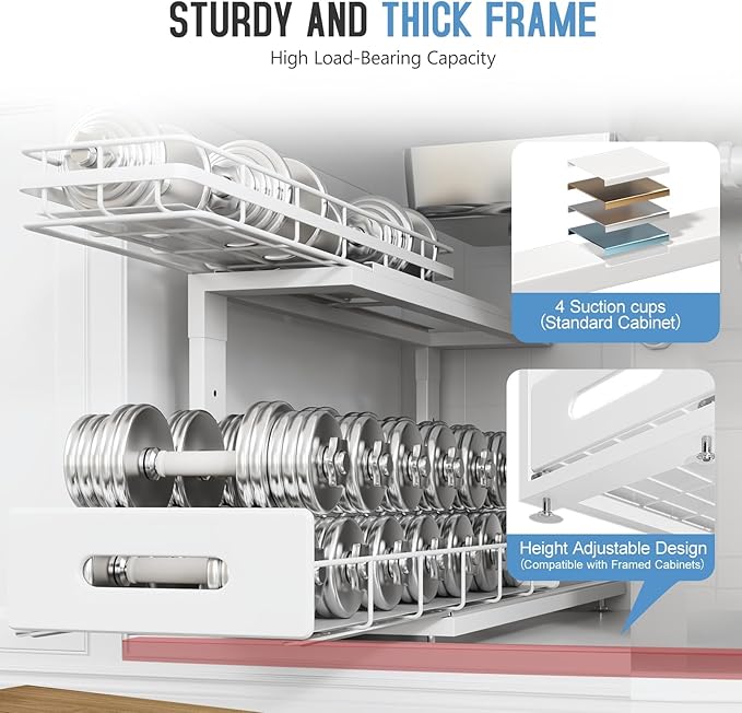 2 Pack 21 IN Depth Pull Out Cabinet Storage With Smooth Rails,2-Tier Dual Pull Out Cabinet Storage For Bathroom Kitchen,Under Sink Shelf-White-NeatNest