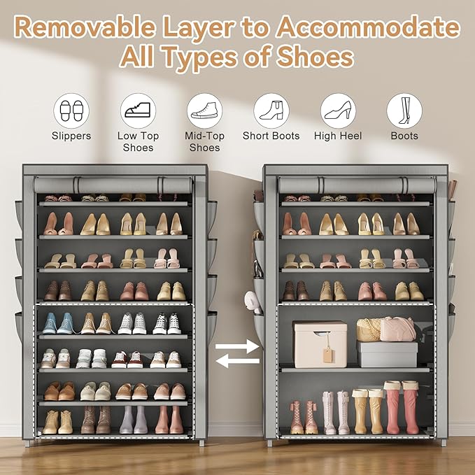 Shoe Rack with Cover, 8 Tier Tall Shoe Organizer Storage for 36-45 Pair Shoes and Boots Large Shoe Storage Shelf Free Standing Shoe Rack for Closet, Front Door Entrance, Dorm, Garage, Grey-NeatNest