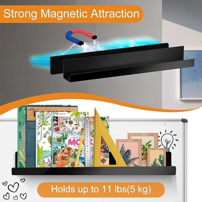 2 Pack Magnetic Book Shelf - Acrylic Reusable Display Panel for Whiteboards, Classrooms & Home, Adhesive-Free Storage with 11lb Capacity (Black)