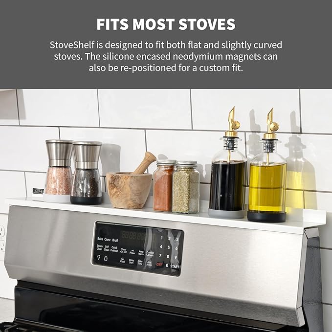 StoveShelf 30" Length White Magnetic Shelf for Kitchen Stove - Kitchen Storage Solution with Zero Installation - Over Stove Spice Rack Organizer
